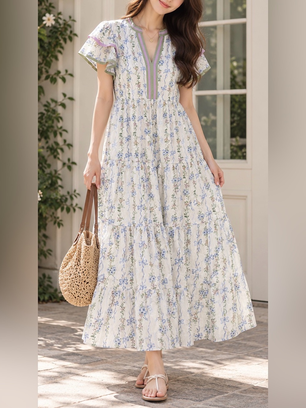 Floral Maxi Dress in White & Blue Size Small Like New